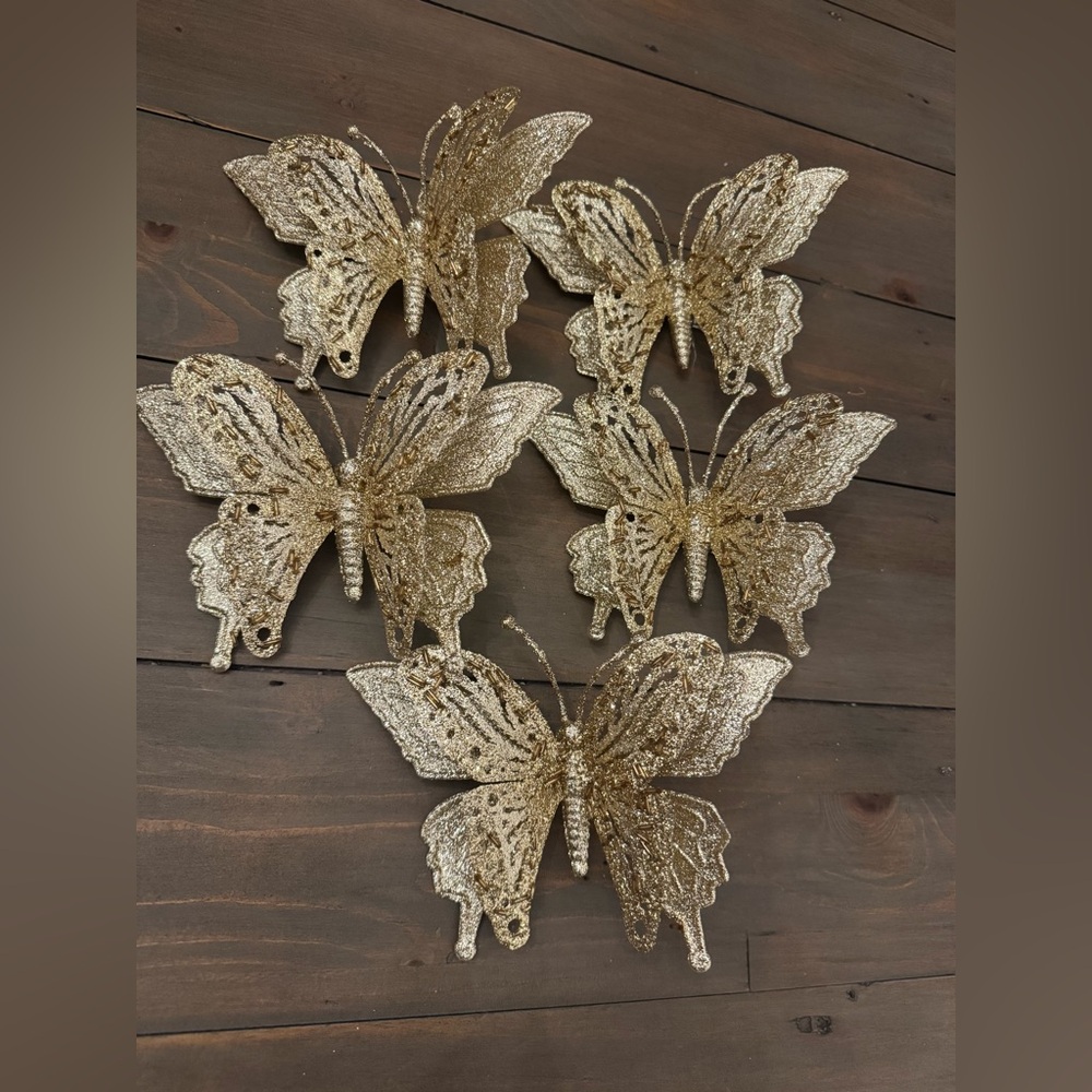 Gold Sparkly Glitter Butterfly Decoration Ornament - Set of 5